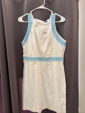 Ann Taylor White Sleeveless Embroidered Sheath Dress with Turquiose Trim